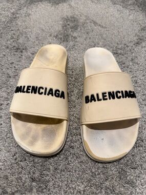 Balenciaga Cream Slide Sandals with Logo Size 11